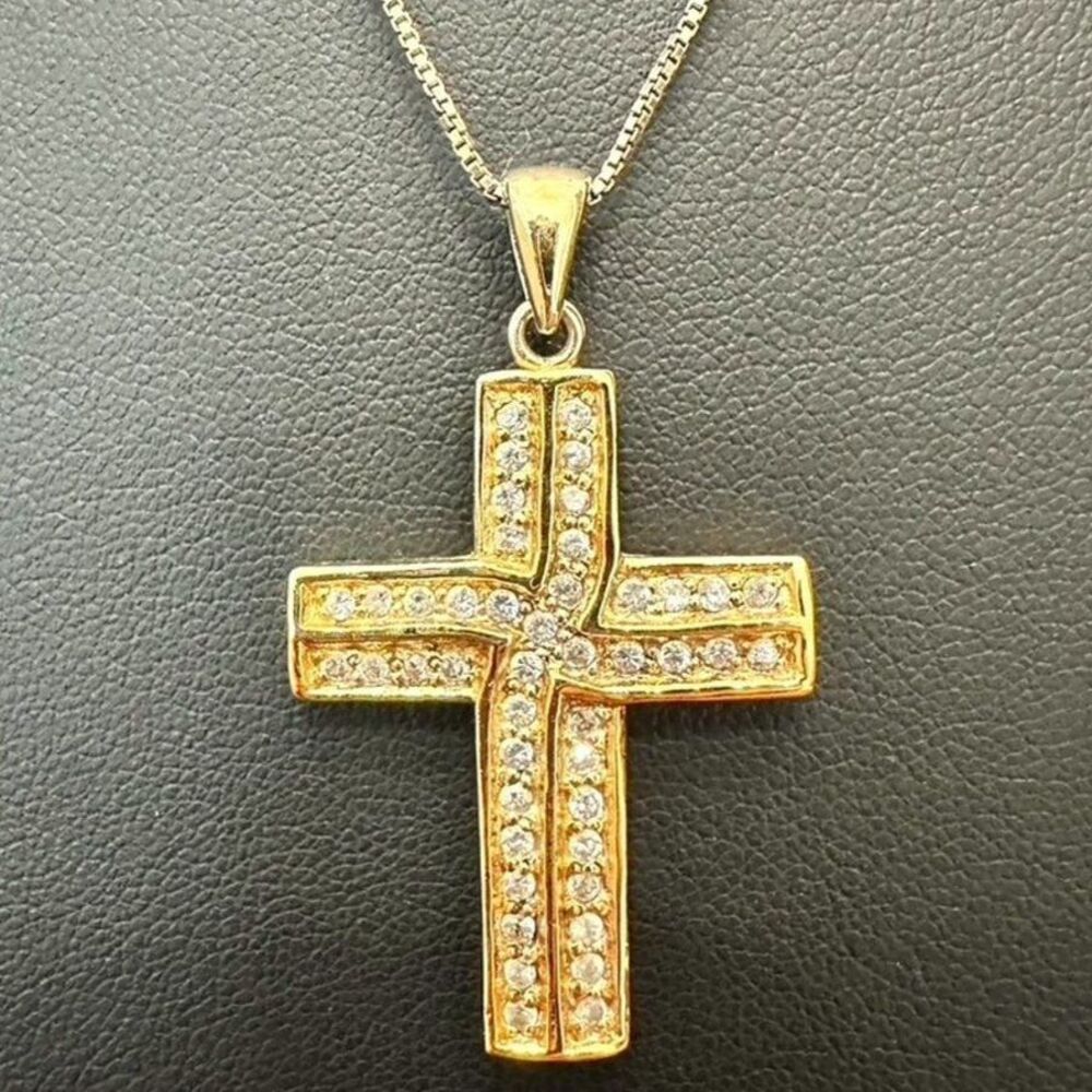 Gold Over Sterling Silver 925 Pave CZ Cross Pendant Necklace